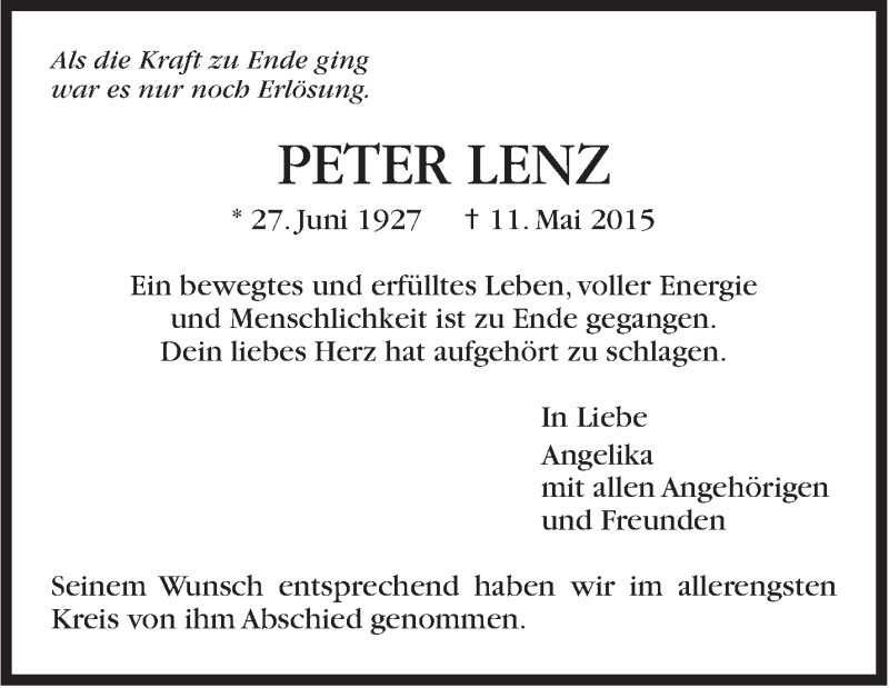  Traueranzeige für Peter Lenz vom 16.05.2015 aus Stuttgarter Zeitung / Stuttgarter Nachrichten