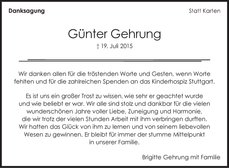  Traueranzeige für Günter Gehrung vom 31.08.2015 aus Stuttgarter Zeitung