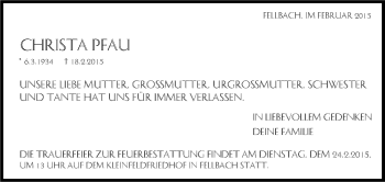 Traueranzeige von Christa Pfau von Stuttgarter Zeitung / Stuttgarter Nachrichten