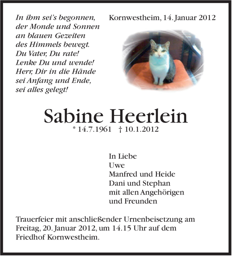  Traueranzeige für Sabine Heerlein vom 14.01.2012 aus Stuttgarter Zeitung / Stuttgarter Nachrichten