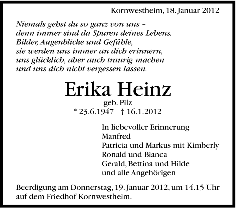  Traueranzeige für Erika Heinz vom 18.01.2012 aus Stuttgarter Zeitung / Stuttgarter Nachrichten