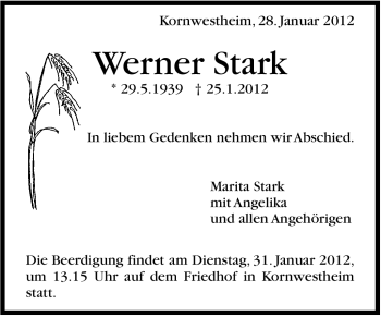 Traueranzeige von Werner Stark von Stuttgarter Zeitung / Stuttgarter Nachrichten