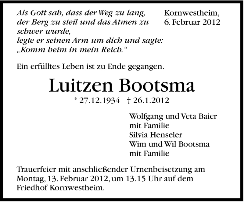  Traueranzeige für Luitzen Bootsma vom 06.02.2012 aus Stuttgarter Zeitung / Stuttgarter Nachrichten