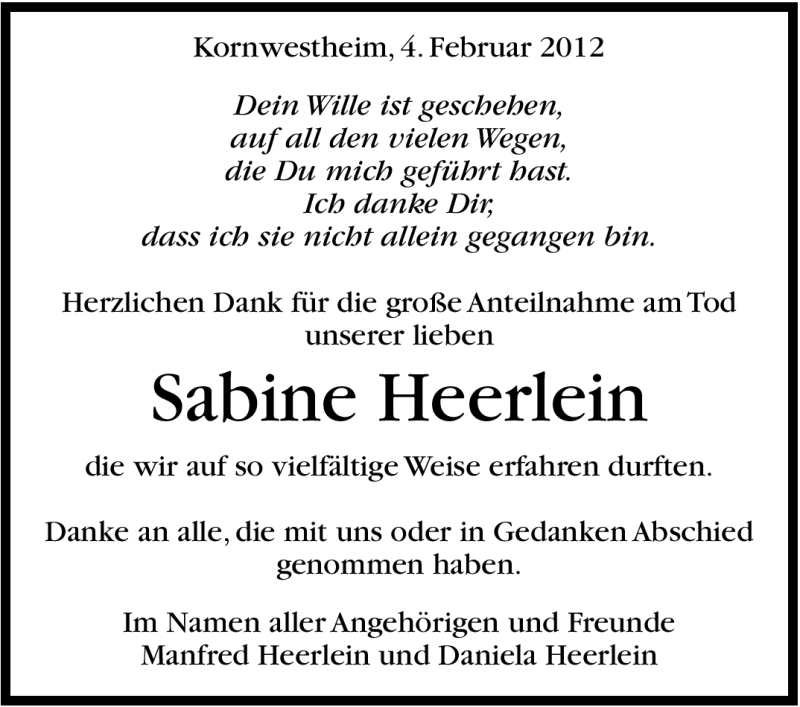  Traueranzeige für Sabine Heerlein vom 04.02.2012 aus Stuttgarter Zeitung / Stuttgarter Nachrichten