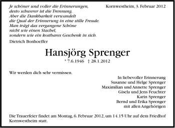 Traueranzeige von Hansjörg Sprenger von Stuttgarter Zeitung / Stuttgarter Nachrichten