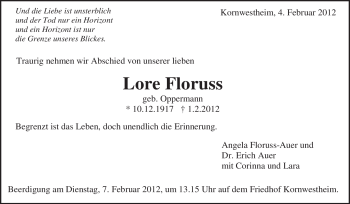 Traueranzeige von Lore Floruss von Stuttgarter Zeitung / Stuttgarter Nachrichten