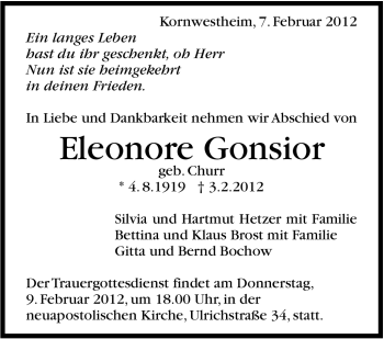 Traueranzeige von Eleonore Gonsior von Stuttgarter Zeitung / Stuttgarter Nachrichten