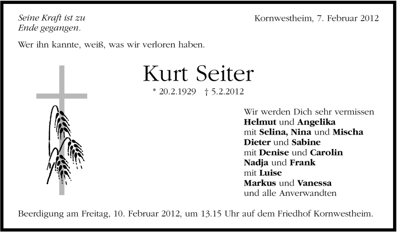  Traueranzeige für Kurt Seiter vom 07.02.2012 aus Stuttgarter Zeitung / Stuttgarter Nachrichten