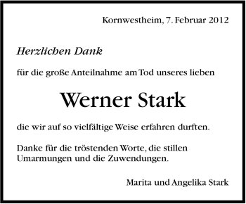 Traueranzeige von Werner Stark von Stuttgarter Zeitung / Stuttgarter Nachrichten