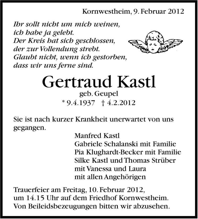  Traueranzeige für Gertaud Kastl vom 09.02.2012 aus Stuttgarter Zeitung / Stuttgarter Nachrichten