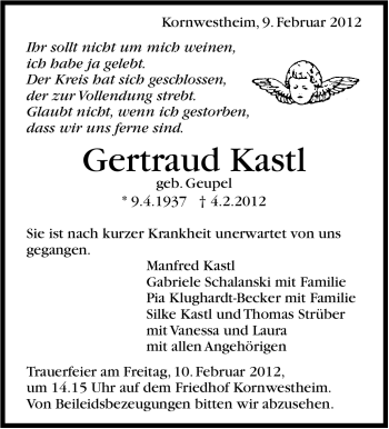 Traueranzeige von Gertaud Kastl von Stuttgarter Zeitung / Stuttgarter Nachrichten