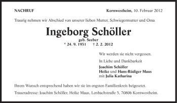 Traueranzeige von Ingeborg Schöller von Stuttgarter Zeitung / Stuttgarter Nachrichten