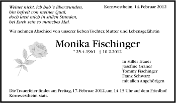 Traueranzeige von Monika Fischinger von Stuttgarter Zeitung / Stuttgarter Nachrichten
