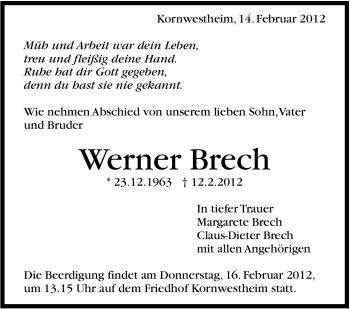 Traueranzeige von Werner Brech von Stuttgarter Zeitung / Stuttgarter Nachrichten