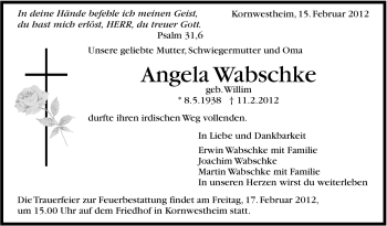Traueranzeige von Angela Wabschke von Stuttgarter Zeitung / Stuttgarter Nachrichten