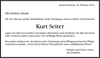 Traueranzeige von Kurt Seiter von Stuttgarter Zeitung / Stuttgarter Nachrichten