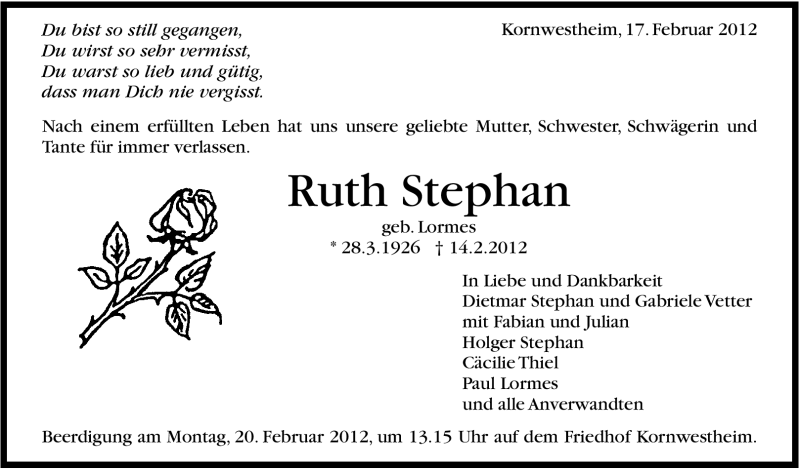  Traueranzeige für Ruth Stephan vom 17.02.2012 aus Stuttgarter Zeitung / Stuttgarter Nachrichten