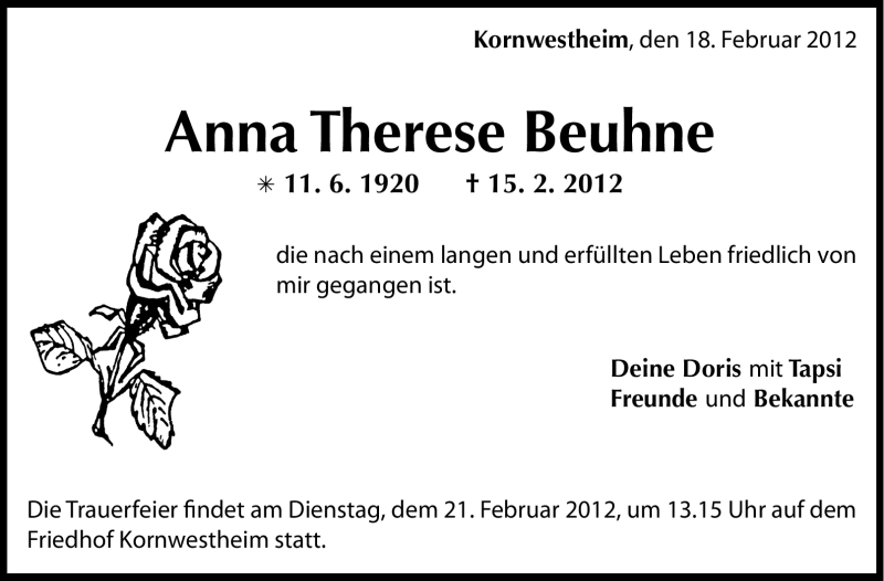  Traueranzeige für Anna Therese Beuhne vom 18.02.2012 aus Stuttgarter Zeitung / Stuttgarter Nachrichten