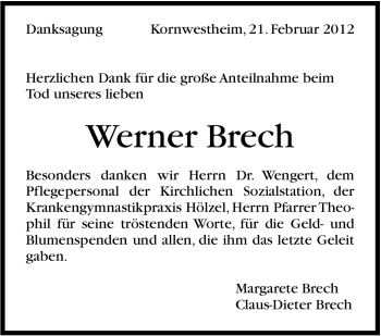 Traueranzeige von Werner Brech von Stuttgarter Zeitung / Stuttgarter Nachrichten