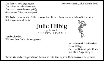 Traueranzeige von Julie Hilbig von Stuttgarter Zeitung / Stuttgarter Nachrichten