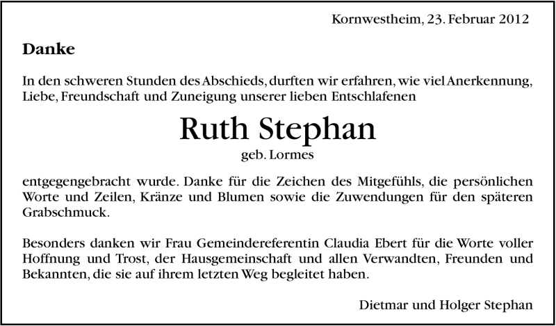 Traueranzeige für Ruth Stephan vom 23.02.2012 aus Stuttgarter Zeitung / Stuttgarter Nachrichten
