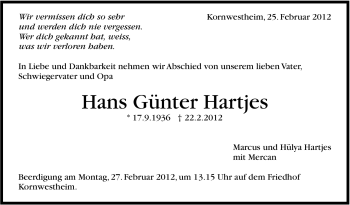 Traueranzeige von Hans Günter Hartjes von Stuttgarter Zeitung / Stuttgarter Nachrichten