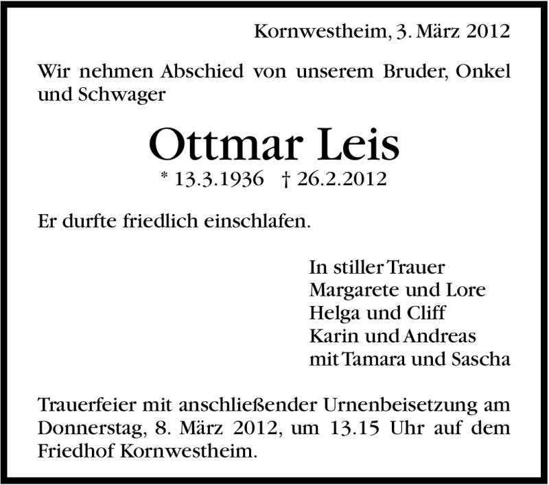  Traueranzeige für Ottmar Leis vom 03.03.2012 aus Stuttgarter Zeitung / Stuttgarter Nachrichten