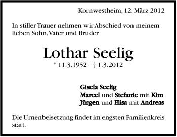 Traueranzeige von Lothar Seelig von Stuttgarter Zeitung / Stuttgarter Nachrichten