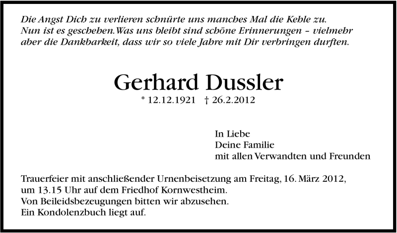  Traueranzeige für Gerhard Friedrich Dussler vom 12.03.2012 aus Stuttgarter Zeitung / Stuttgarter Nachrichten