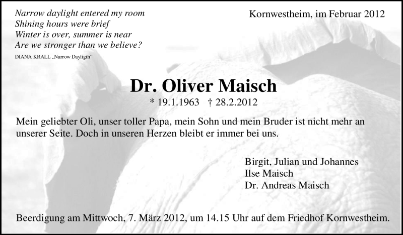 Traueranzeige für Oliver Maisch vom 03.03.2012 aus Stuttgarter Zeitung / Stuttgarter Nachrichten