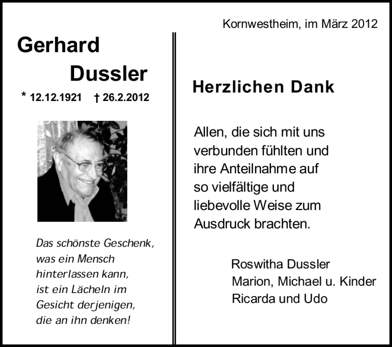  Traueranzeige für Gerhard Friedrich Dussler vom 22.03.2012 aus Stuttgarter Zeitung / Stuttgarter Nachrichten