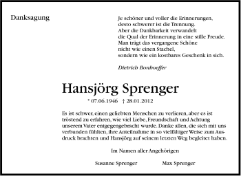 Traueranzeige von Hansjörg Sprenger von Stuttgarter Zeitung / Stuttgarter Nachrichten