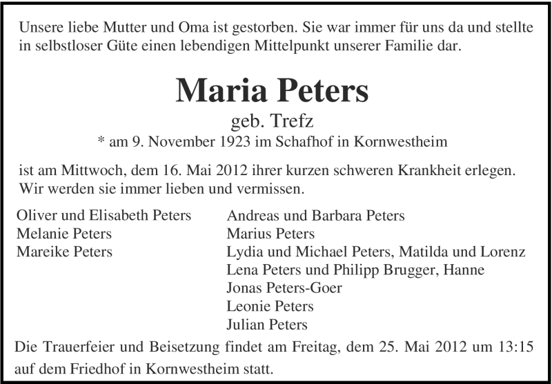  Traueranzeige für Maria Peters vom 19.05.2012 aus Stuttgarter Zeitung / Stuttgarter Nachrichten