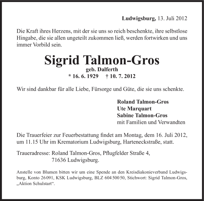  Traueranzeige für Sigrid Talmon-Gros vom 14.07.2012 aus Stuttgarter Zeitung / Stuttgarter Nachrichten