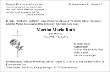 Traueranzeige von Martha Maria Roth von Marbacher Zeitung