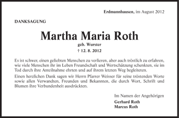 Traueranzeige von Martha Maria Roth von Marbacher Zeitung