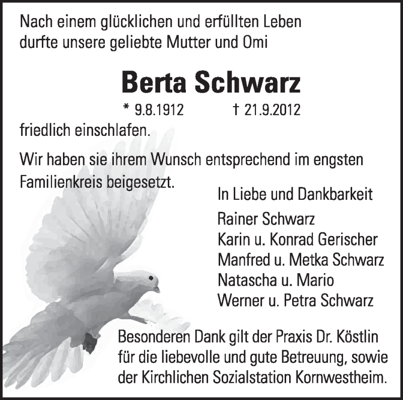  Traueranzeige für Bert Schwarz vom 02.10.2012 aus Stuttgarter Zeitung / Stuttgarter Nachrichten
