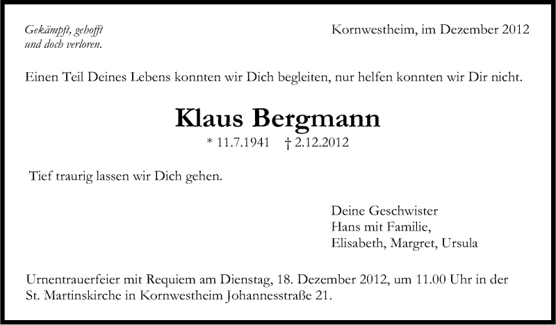  Traueranzeige für Klaus Bergmann vom 11.12.2012 aus Stuttgarter Zeitung / Stuttgarter Nachrichten