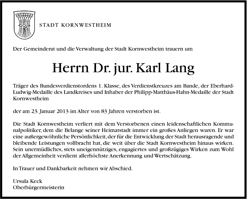  Traueranzeige für Karl Lang vom 26.01.2013 aus Stuttgarter Zeitung / Stuttgarter Nachrichten