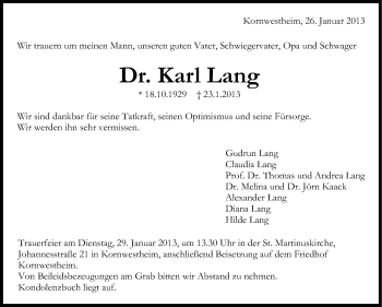 Traueranzeige von Karl Lang von Stuttgarter Zeitung / Stuttgarter Nachrichten