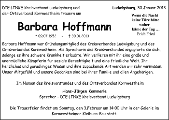 Traueranzeige von Barbara Hoffmann von Stuttgarter Zeitung / Stuttgarter Nachrichten