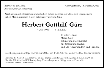 Traueranzeige von Herbert Gotthilf Gürr von Stuttgarter Zeitung / Stuttgarter Nachrichten