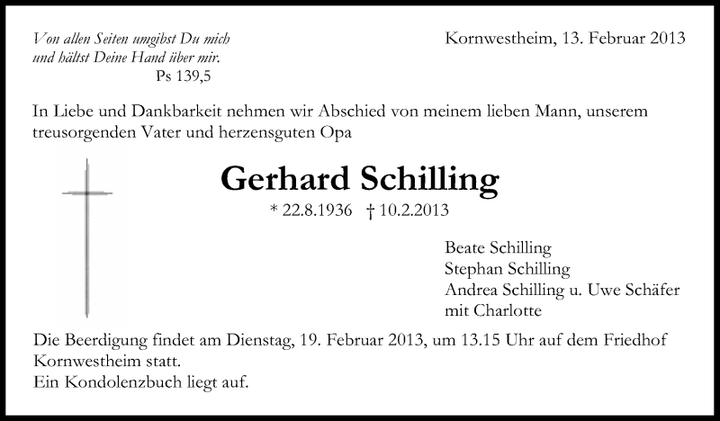  Traueranzeige für Gerhard Schilling vom 13.02.2013 aus Stuttgarter Zeitung / Stuttgarter Nachrichten