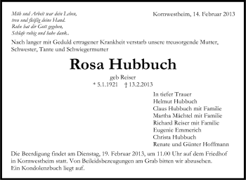 Traueranzeige von Rosa Hubbuch von Stuttgarter Zeitung / Stuttgarter Nachrichten