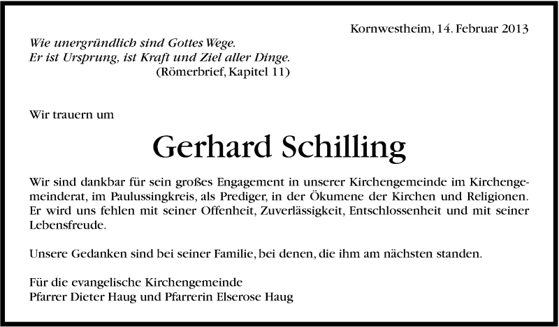  Traueranzeige für Gerhard Schilling vom 14.02.2013 aus Stuttgarter Zeitung / Stuttgarter Nachrichten