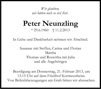 Traueranzeige von Peter Neunzling von Stuttgarter Zeitung / Stuttgarter Nachrichten