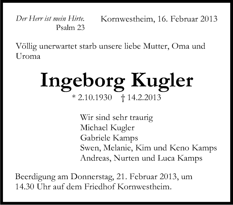  Traueranzeige für Ingeborg Kugler vom 16.02.2013 aus Stuttgarter Zeitung / Stuttgarter Nachrichten