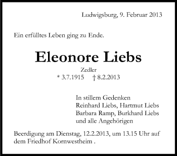 Traueranzeige von Eleonore Liebs von Stuttgarter Zeitung / Stuttgarter Nachrichten