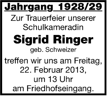 Traueranzeige von Sigrid Ringer von Stuttgarter Zeitung / Stuttgarter Nachrichten
