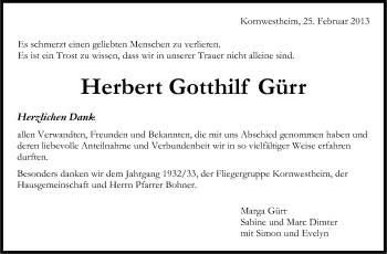 Traueranzeige von Herbert Gotthilf Gürr von Stuttgarter Zeitung / Stuttgarter Nachrichten